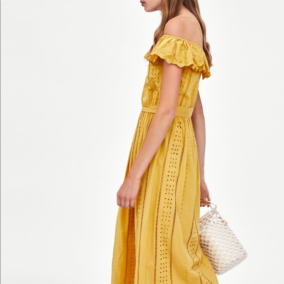 ZARA MUSTARD OFF THE SHOULDER EMBROIDERED MIDI FRILL DRESS SMALL NEW WITH TAGS - Picture 8 of 12